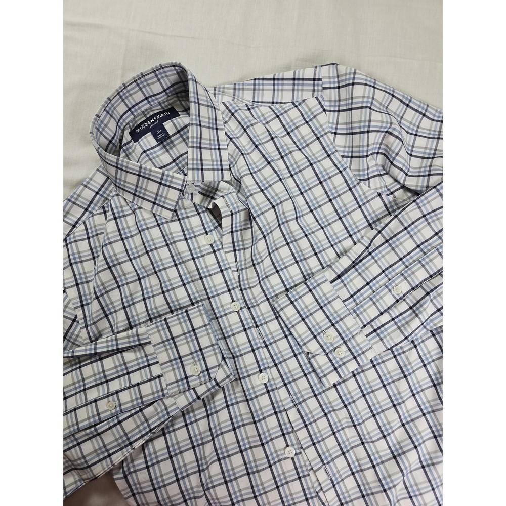 Mizzen+Main Shirt Mens Medium Blue Gray Plaid Leeward Trim Performance Stretch
